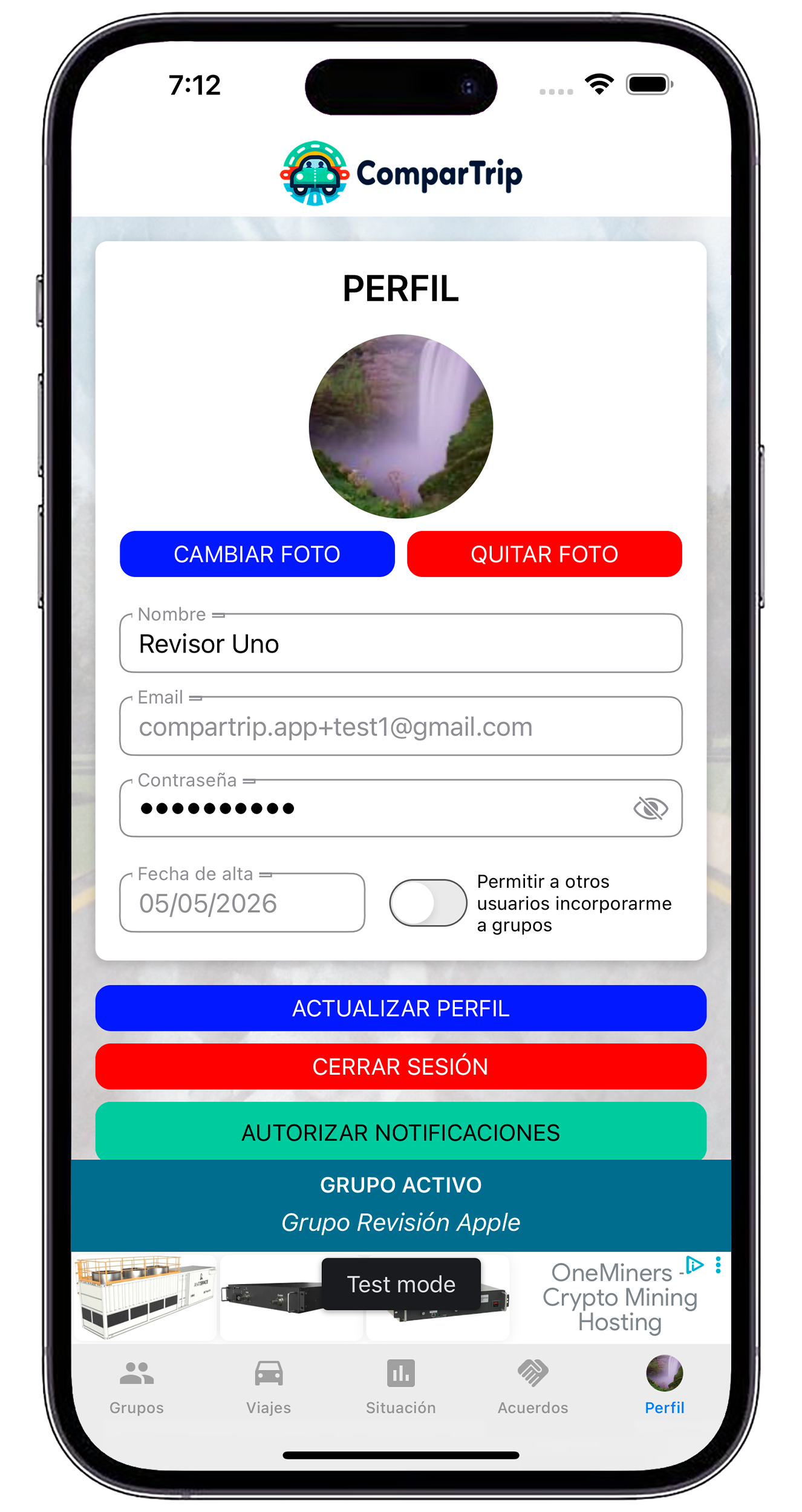 Pantalla de edición de perfil
